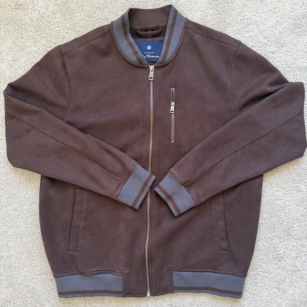 Ben Sherman Mens Faux Suede Bomber Jacket Brown Grey Trim Full Zip XL